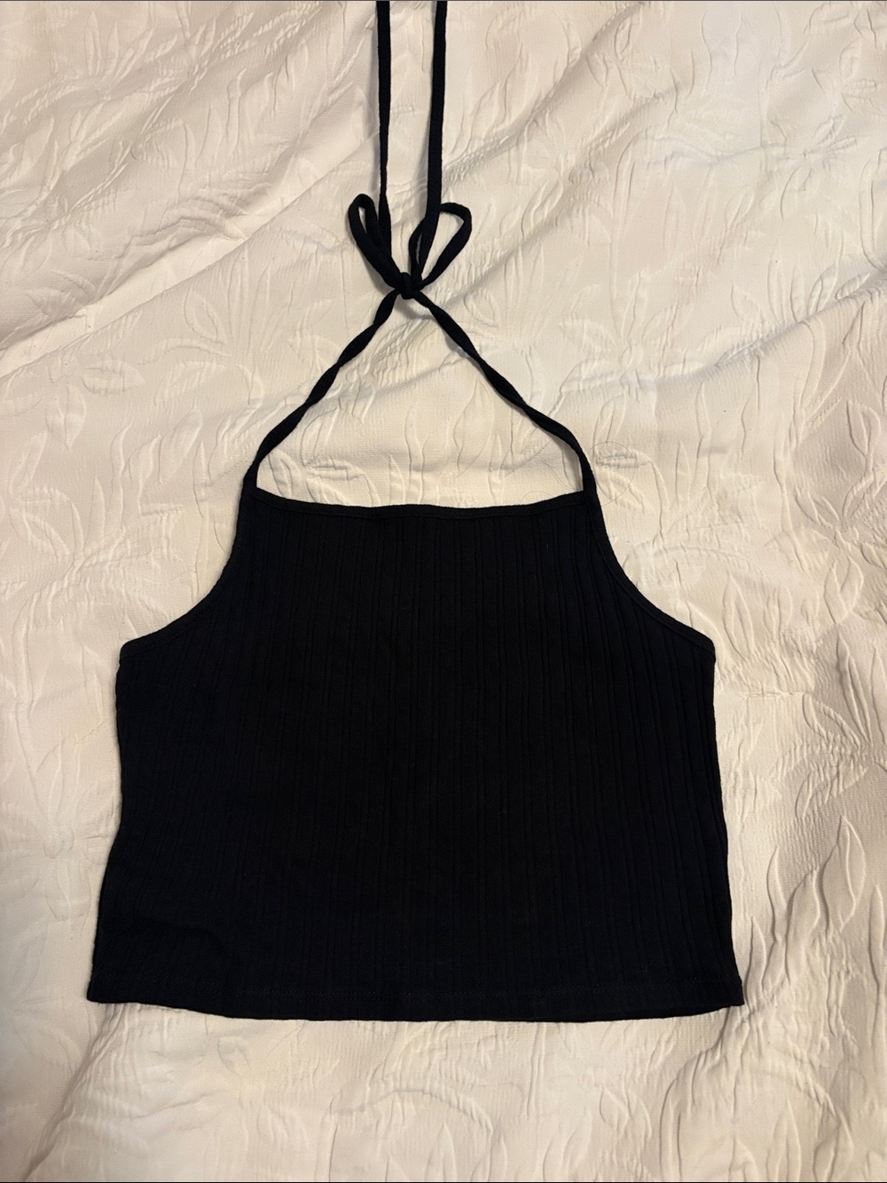 Black Halter Ribbed Crop Top (Unique Vintage, M)